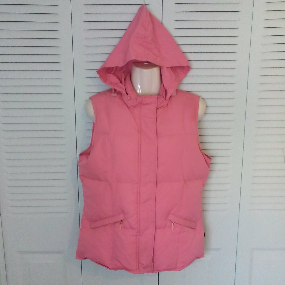 TALBOTS SZ S HOODED GOOSE DOWN PUFFER VEST DOUBLE ZIPPER POCKETS SNAPS SOFT PINK